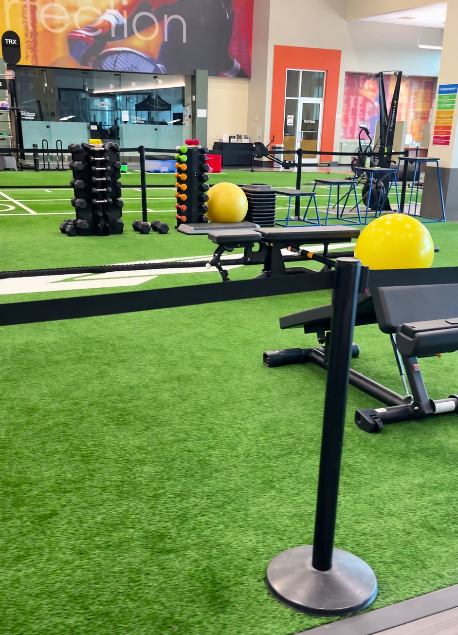 The turf, with the Pilates room behind the glass
