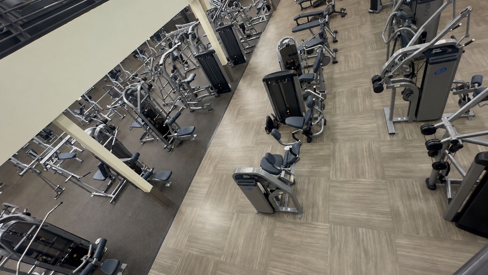 Under the mezzanine: free weights and the machine rows
